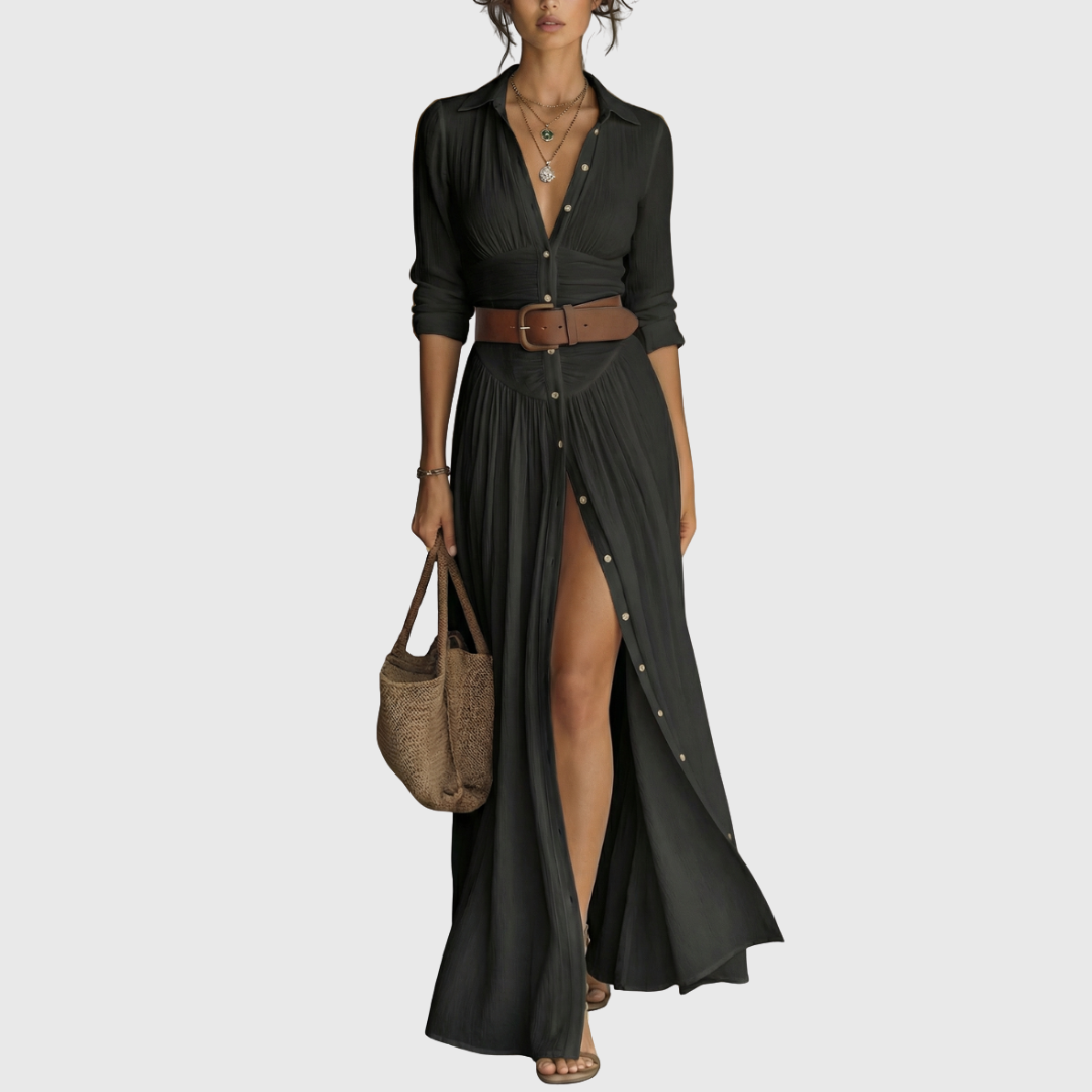 Wendy | Langes Maxi-Leinenkleid mit eingekerbtem Kragen und langen Ärmeln für Frauen