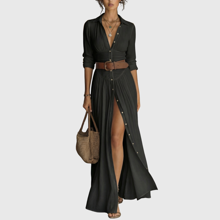 Wendy | Langes Maxi-Leinenkleid mit eingekerbtem Kragen und langen Ärmeln für Frauen
