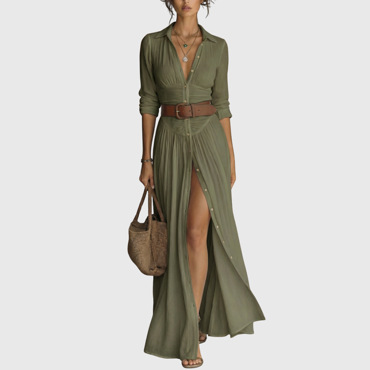 Wendy | Langes Maxi-Leinenkleid mit eingekerbtem Kragen und langen Ärmeln für Frauen
