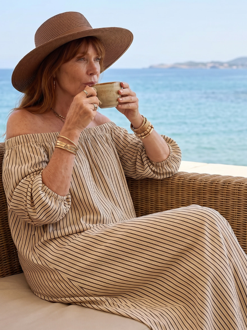 Vika | Off-Shoulder Midi-Kleid mit vertikalem Streifenmuster