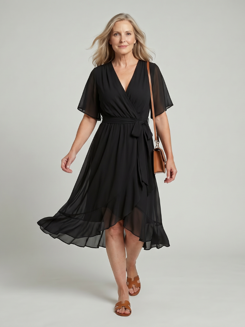 Keziah | Midi-Kleid mit kurzen Ärmeln und fließendem Saum