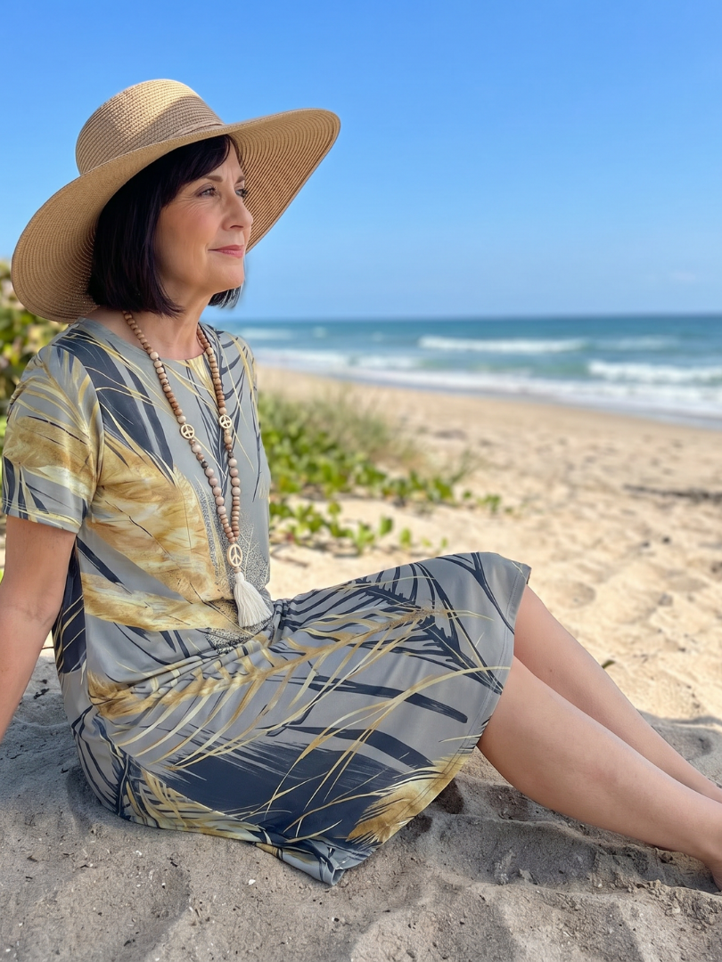Vana | Rundhals-Pflanzenmuster Midi-Kleid