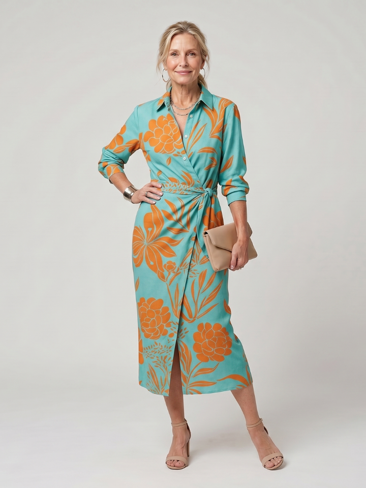 Leya | Midi-Kleid mit langen Ärmeln und Kragen im Streifenmuster