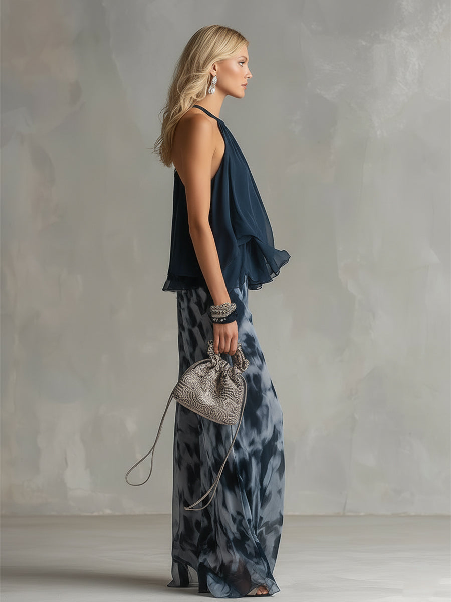 Novaria | Elegantes Chiffon-Set mit hochgeschlossenem Oberteil und weit geschnittenen bedruckten Hosen