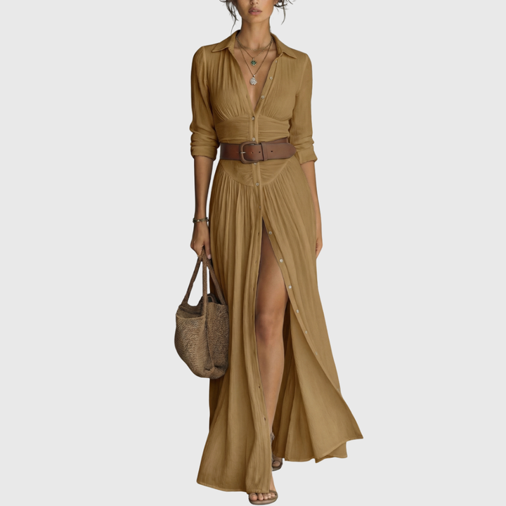 Wendy | Langes Maxi-Leinenkleid mit eingekerbtem Kragen und langen Ärmeln für Frauen