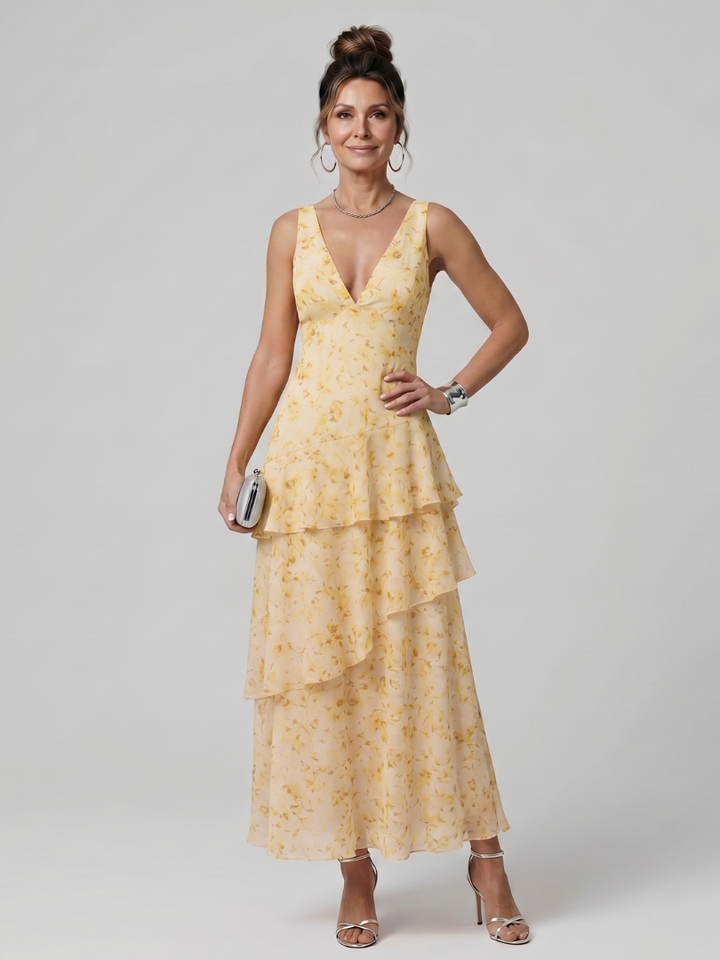 Gala | Tiefer V-Ausschnitt Ärmelloses Midi-Kleid mit malerischem Muster