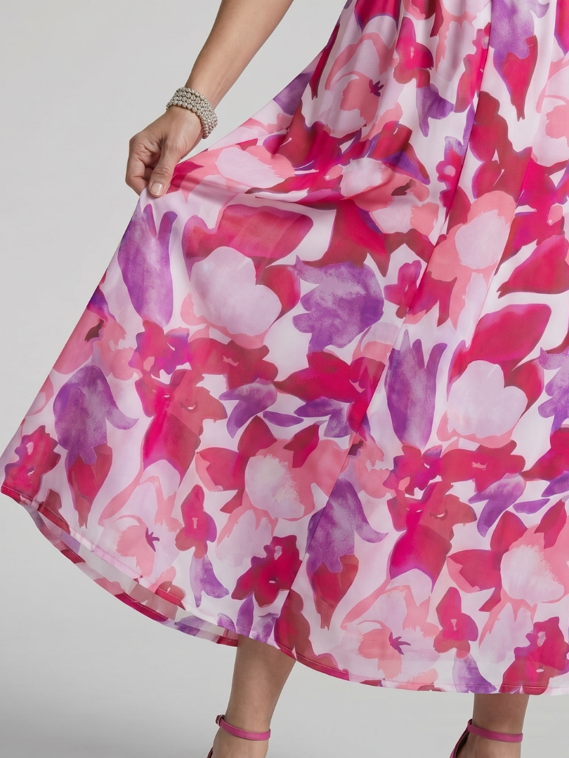 Candlia | Puffärmel V-Ausschnitt Midi Kleid mit abstraktem Druck