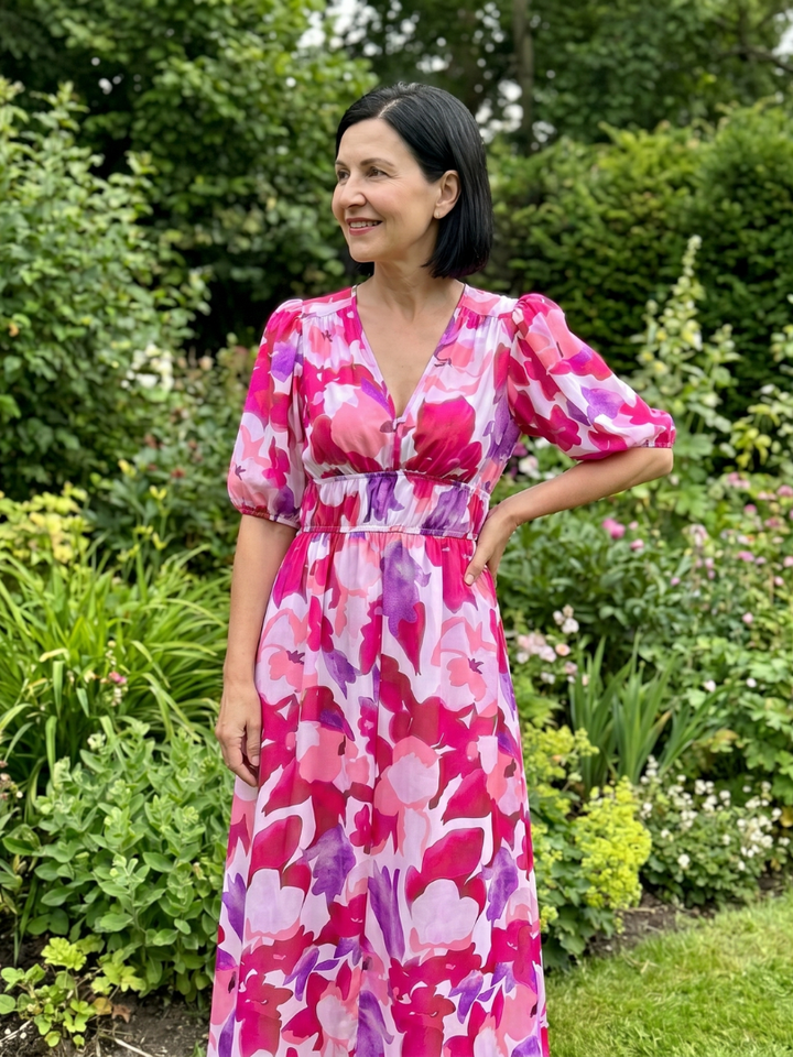 Candlia | Puffärmel V-Ausschnitt Midi Kleid mit abstraktem Druck