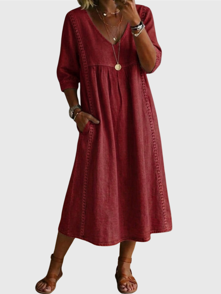 Sheena | Lässiges, lockeres Patchwork-Kleid mit Spitzenbesatz aus Leinen und Baumwolle