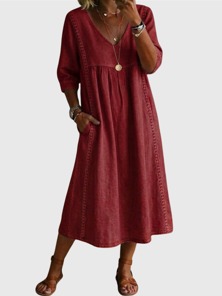 Sheena | Lässiges, lockeres Patchwork-Kleid mit Spitzenbesatz aus Leinen und Baumwolle