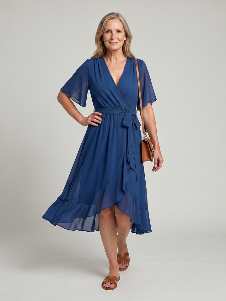Keziah | Midi-Kleid mit kurzen Ärmeln und fließendem Saum
