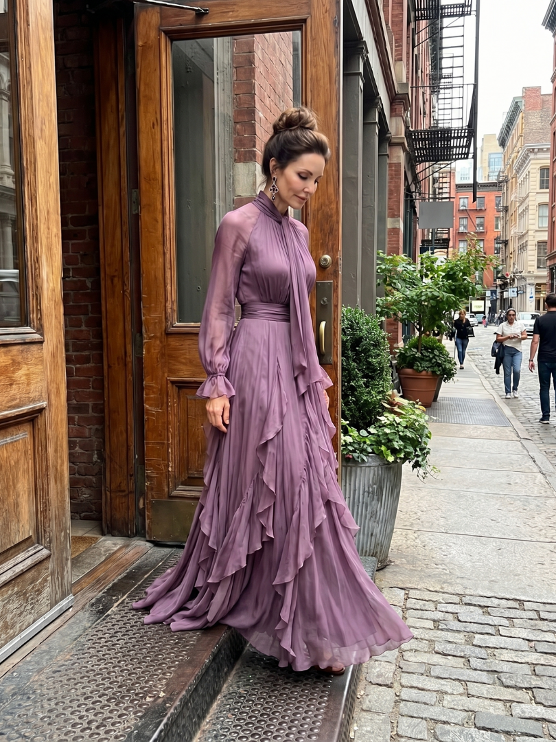Demetria | Maxikleid mit Rüschendetails und gebundenem Kragen