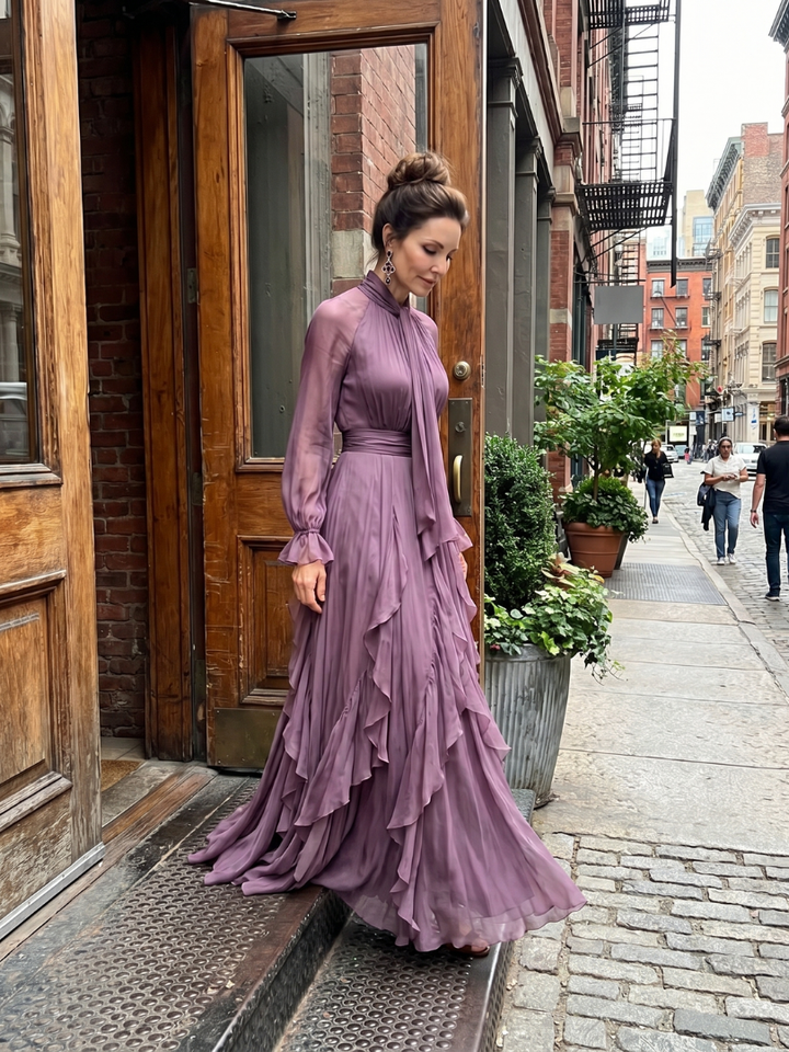 Demetria | Maxikleid mit Rüschendetails und gebundenem Kragen