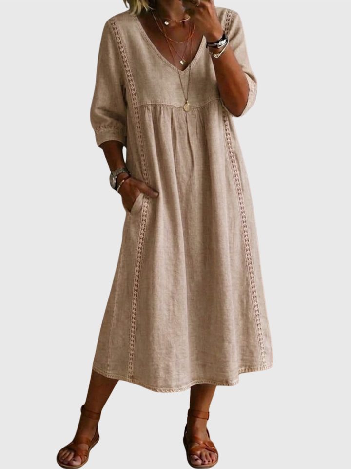 Sheena | Lässiges, lockeres Patchwork-Kleid mit Spitzenbesatz aus Leinen und Baumwolle