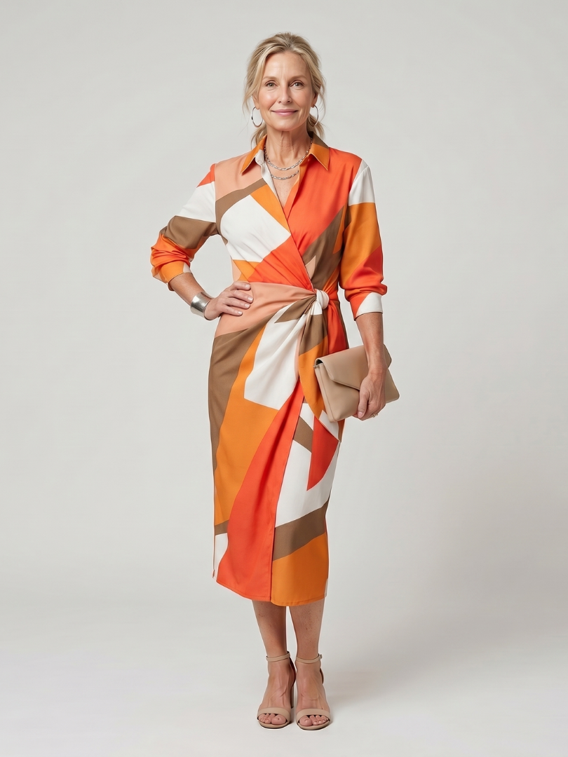 Leya | Midi-Kleid mit langen Ärmeln und Kragen im Streifenmuster