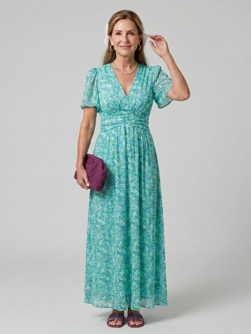 Juna | Kurzarm Ditsy Floral Print Midi Kleid