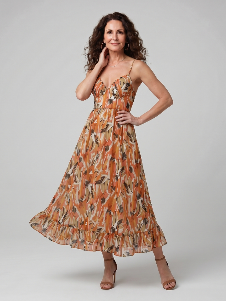 Quill | Spaghetti-Träger Midi-Kleid mit abstraktem Druck