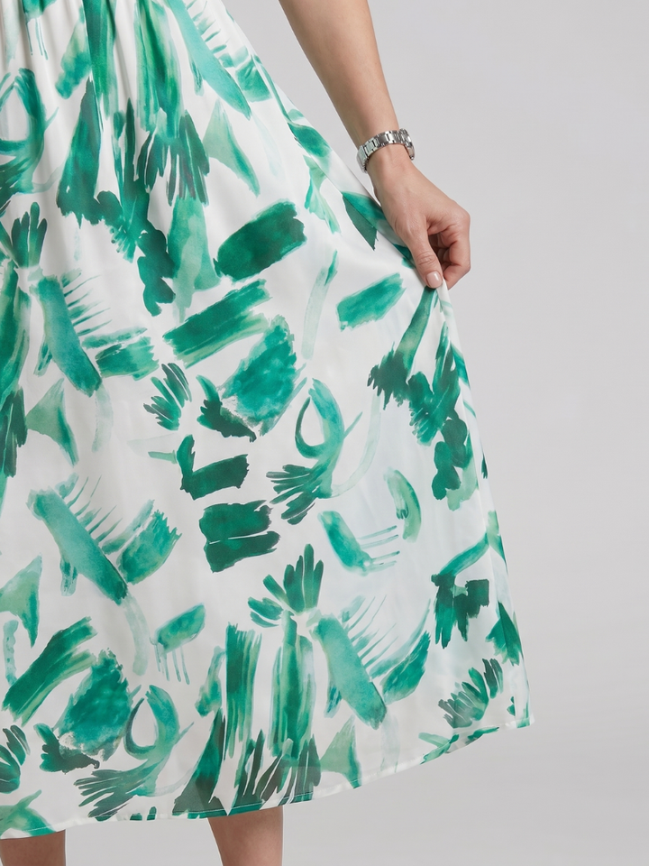Candlia | Puffärmel V-Ausschnitt Midi Kleid mit abstraktem Druck