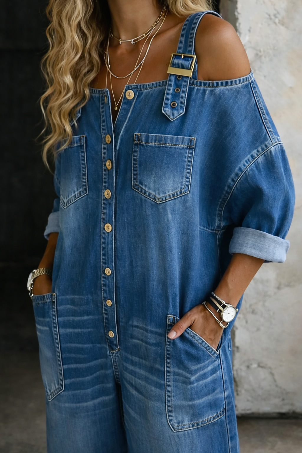 Sophia | Schulterfreier Denim-Jumpsuit