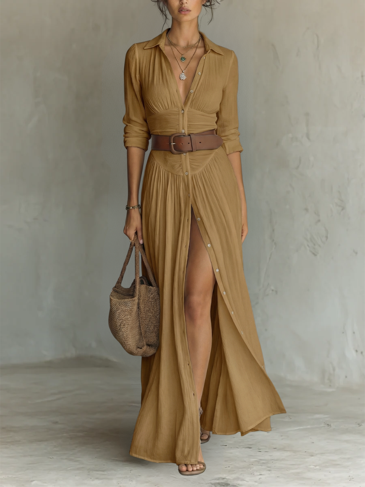 Wendy | Langes Maxi-Leinenkleid mit eingekerbtem Kragen und langen Ärmeln für Frauen