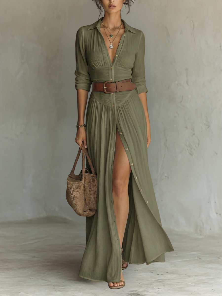 Wendy | Langes Maxi-Leinenkleid mit eingekerbtem Kragen und langen Ärmeln für Frauen