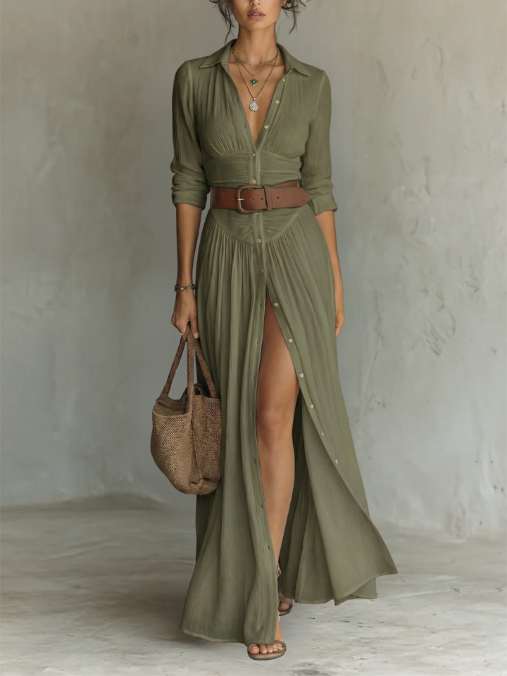 Wendy | Langes Maxi-Leinenkleid mit eingekerbtem Kragen und langen Ärmeln für Frauen