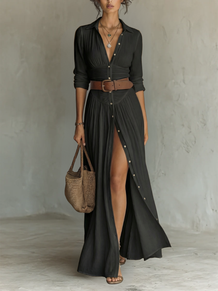 Wendy | Langes Maxi-Leinenkleid mit eingekerbtem Kragen und langen Ärmeln für Frauen