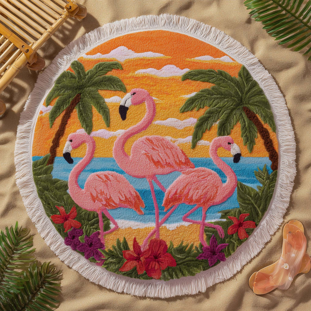Runde Badetuch Flamingo Trio Sonnenuntergang