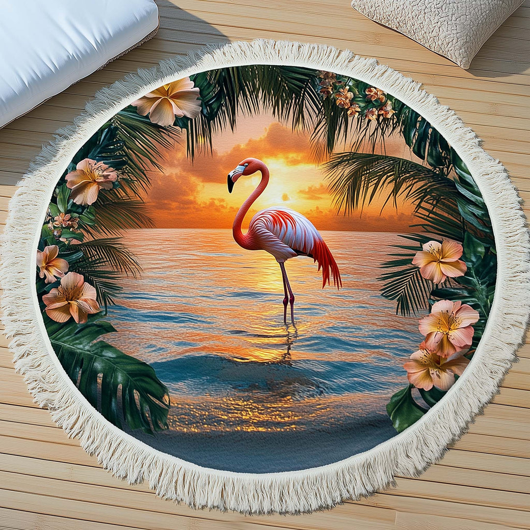 Runde Strandtücher Flamingo bei Sonnenuntergang