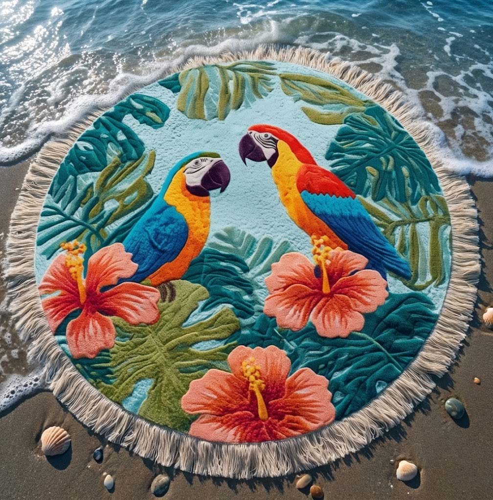 Runde Stranddecke mit tropischen Papageien