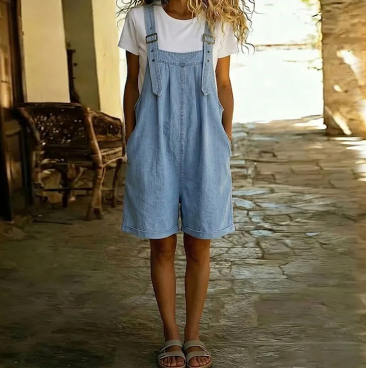 Saylor | Vintage gewaschenes, weiches Baumwoll-Denim-Latzkleid Hellblau
