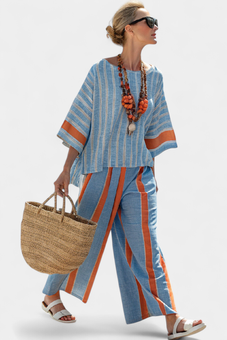 Celeste | Elegantes terrakotta-gestreiftes Top & Leinenhosen