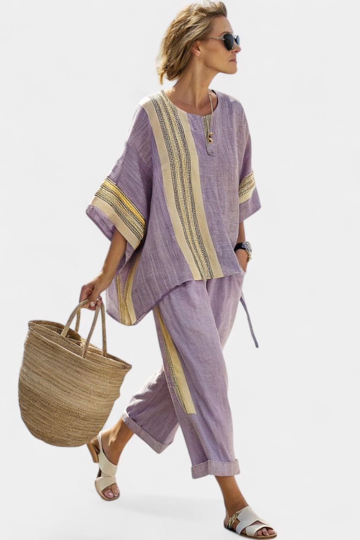 Isla | Elegantes Lavendel-Top & Senfgelb gestreifte Hose