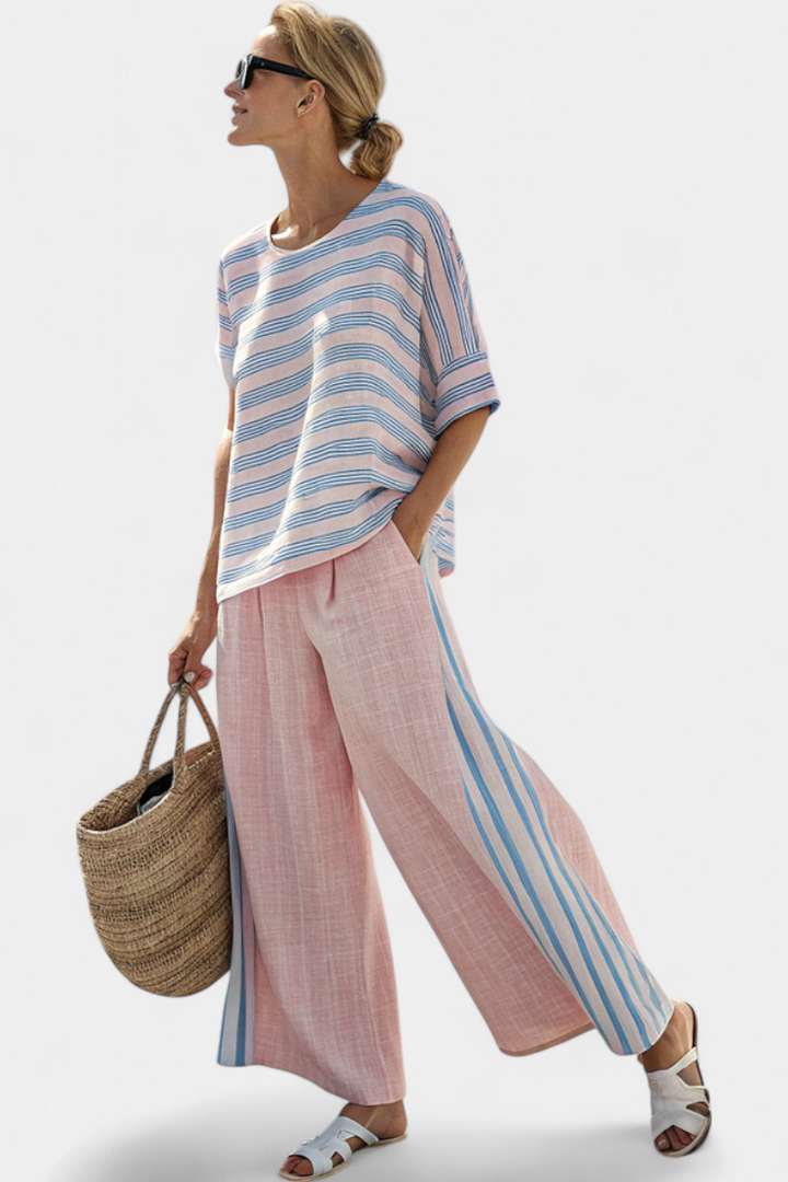 Aria | Elegante Bluse aus rosa-blauem Leinen & weiche Hose
