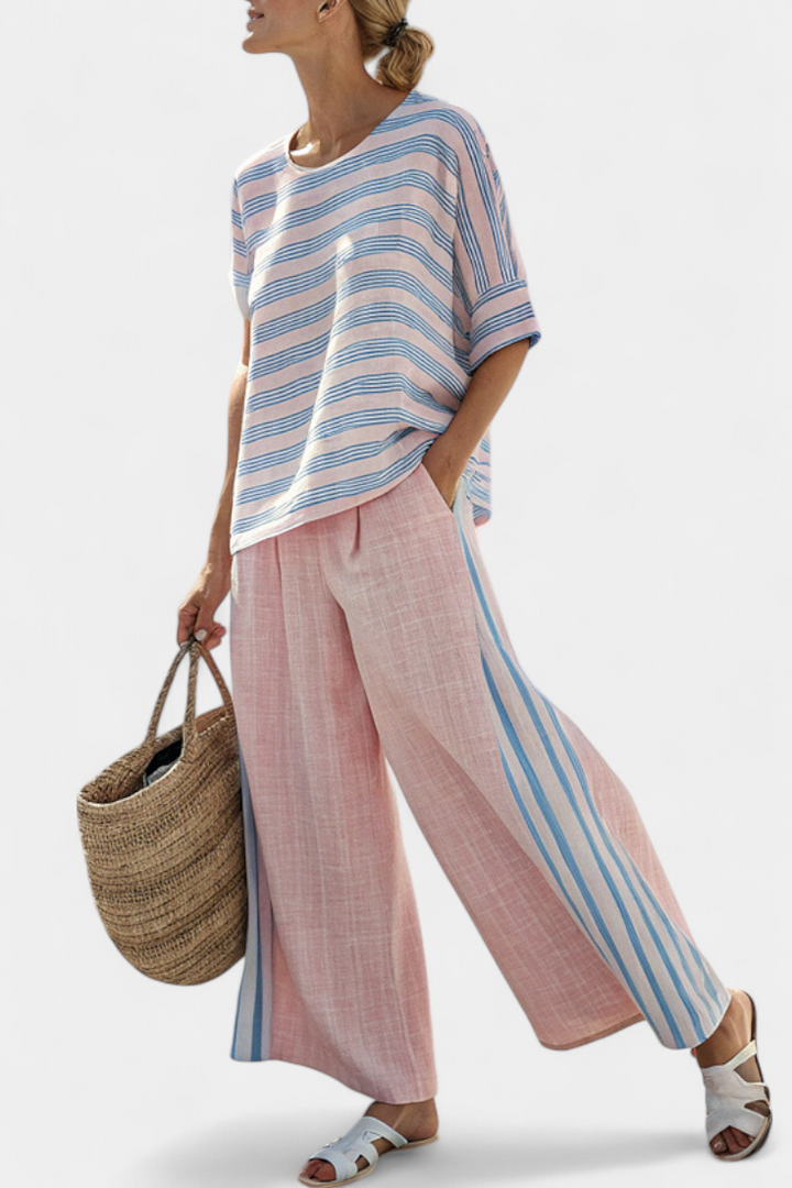 Aria | Elegante Bluse aus rosa-blauem Leinen & weiche Hose