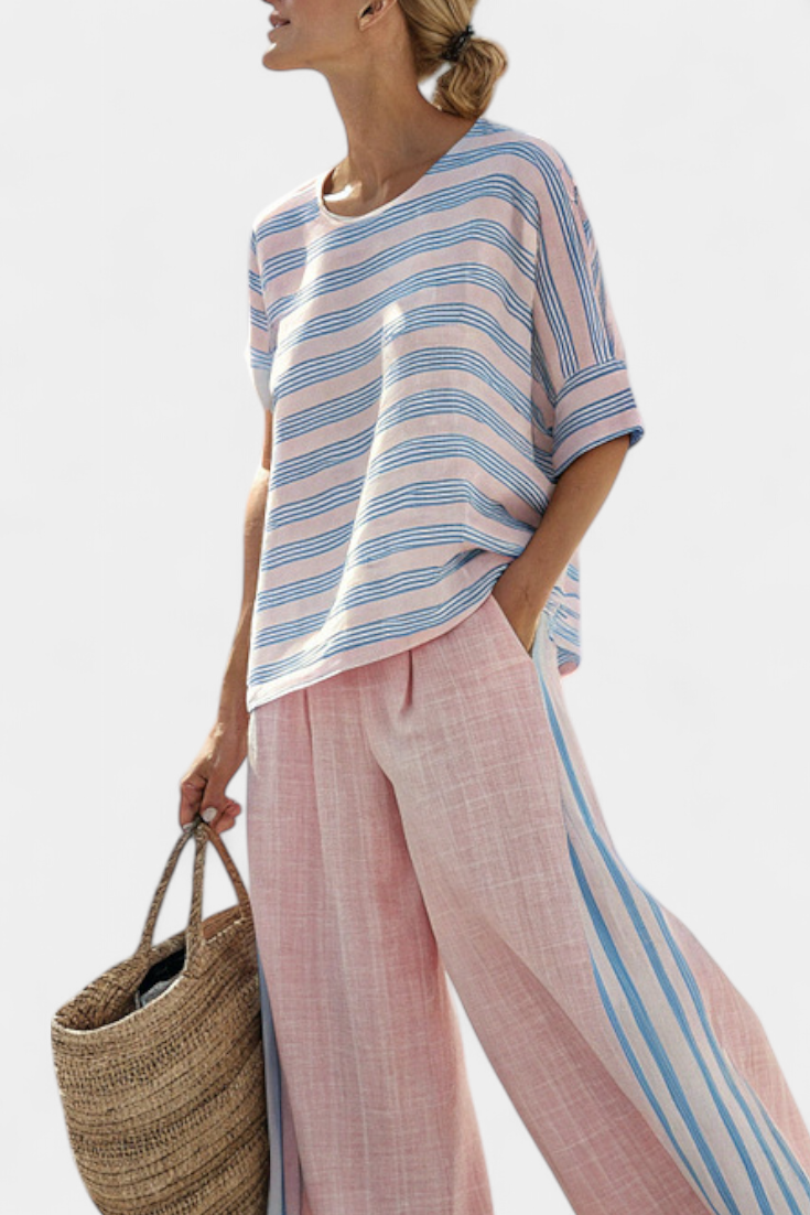 Aria | Elegante Bluse aus rosa-blauem Leinen & weiche Hose