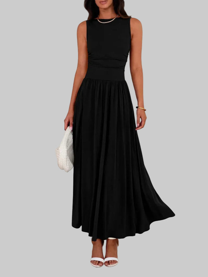 Freya | Elegantes ärmelloses, gerafftes Maxikleid mit hoher Taille
