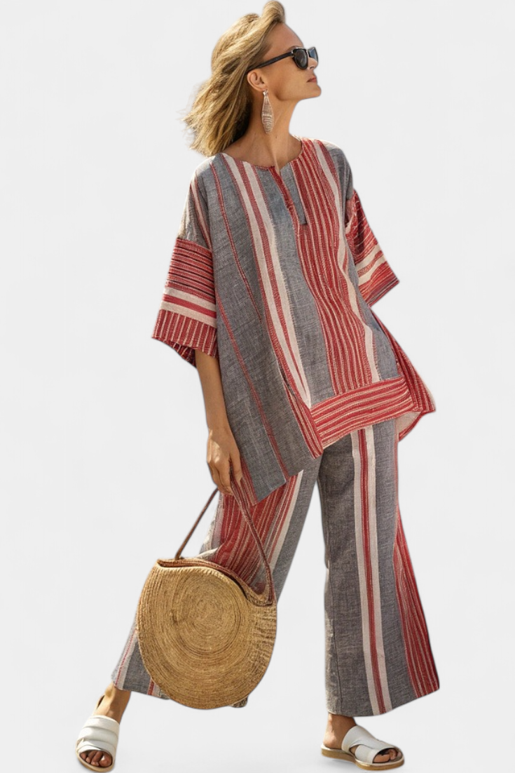Annalise | Elegantes Korallen-Grau Leinenoberteil & Weite Hose