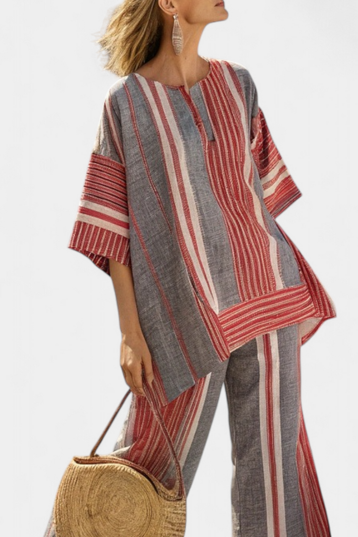 Annalise | Elegantes Korallen-Grau Leinenoberteil & Weite Hose