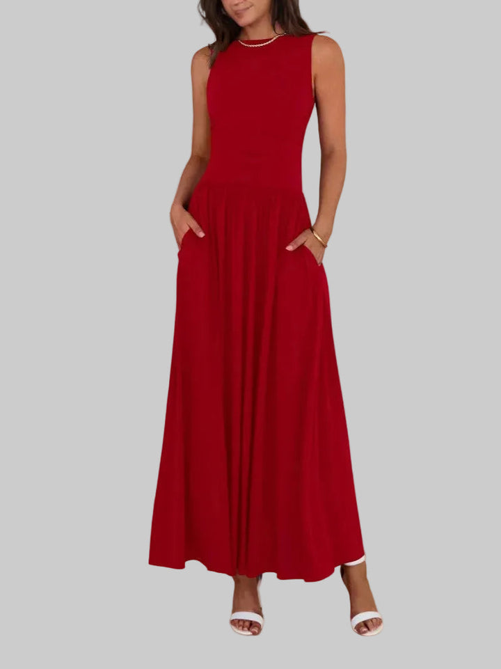 Freya | Elegantes ärmelloses, gerafftes Maxikleid mit hoher Taille