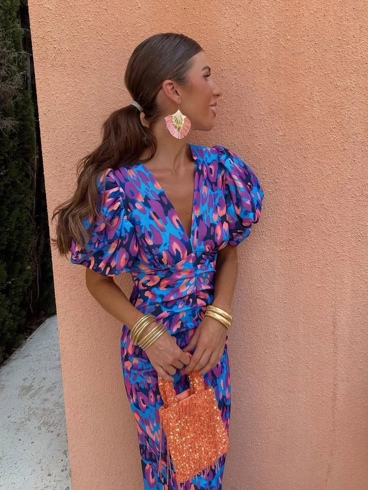 Loren | Lebhaftes Midi-Kleid mit Puffärmeln