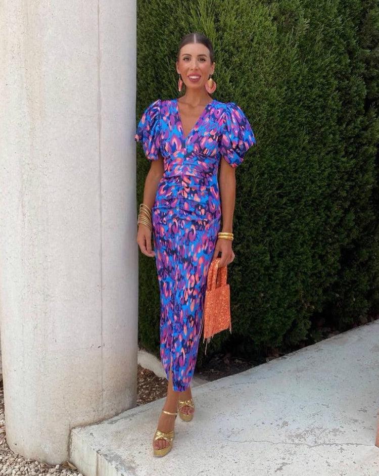 Loren | Lebhaftes Midi-Kleid mit Puffärmeln