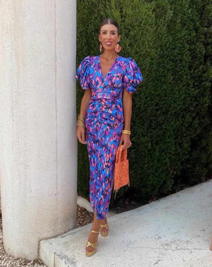 Loren | Lebhaftes Midi-Kleid mit Puffärmeln