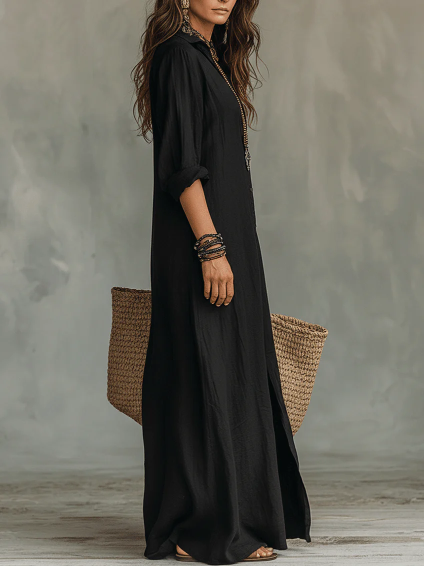 Soline | Fluides schwarzes Maxikleid mit Knöpfen