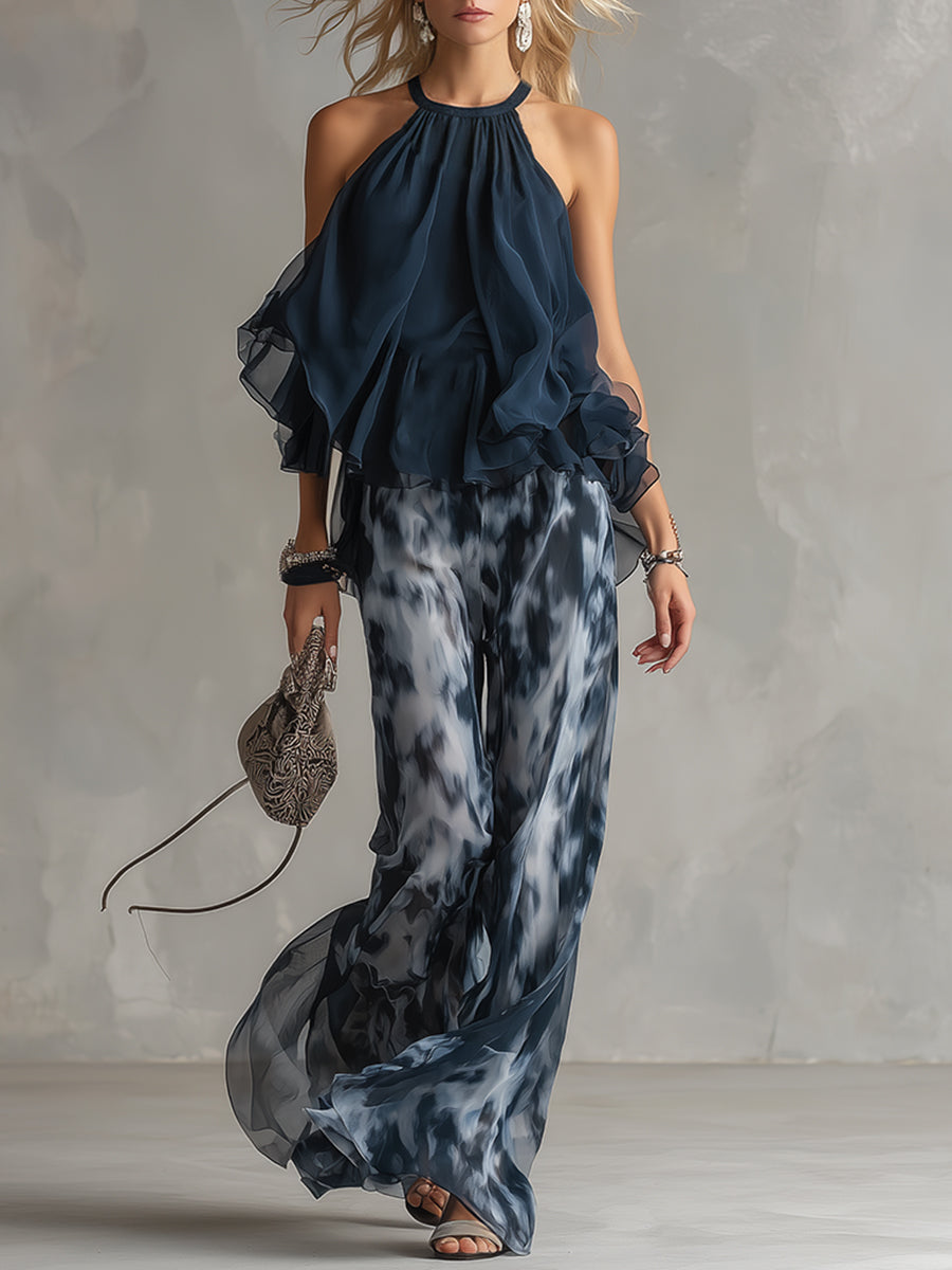 Novaria | Elegantes Chiffon-Set mit hochgeschlossenem Oberteil und weit geschnittenen bedruckten Hosen