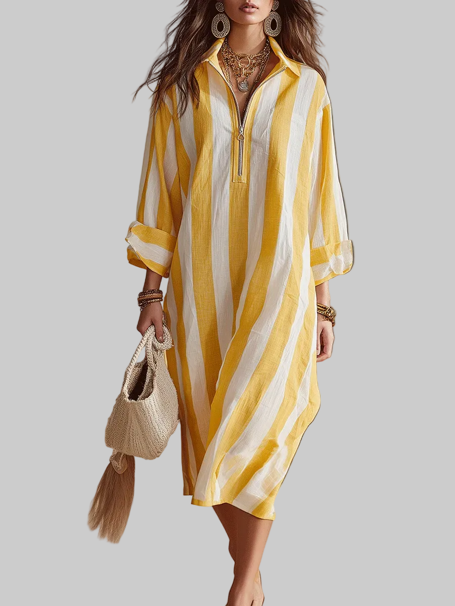 Elowen | Resort Gelb & Weiß Gestreiftes Midi-Kleid