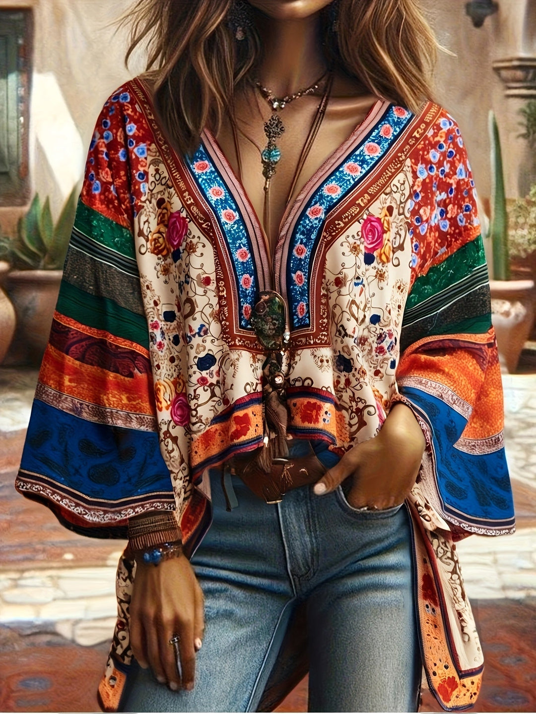 Genevieve | Bohemian V-Ausschnitt Langarmtop