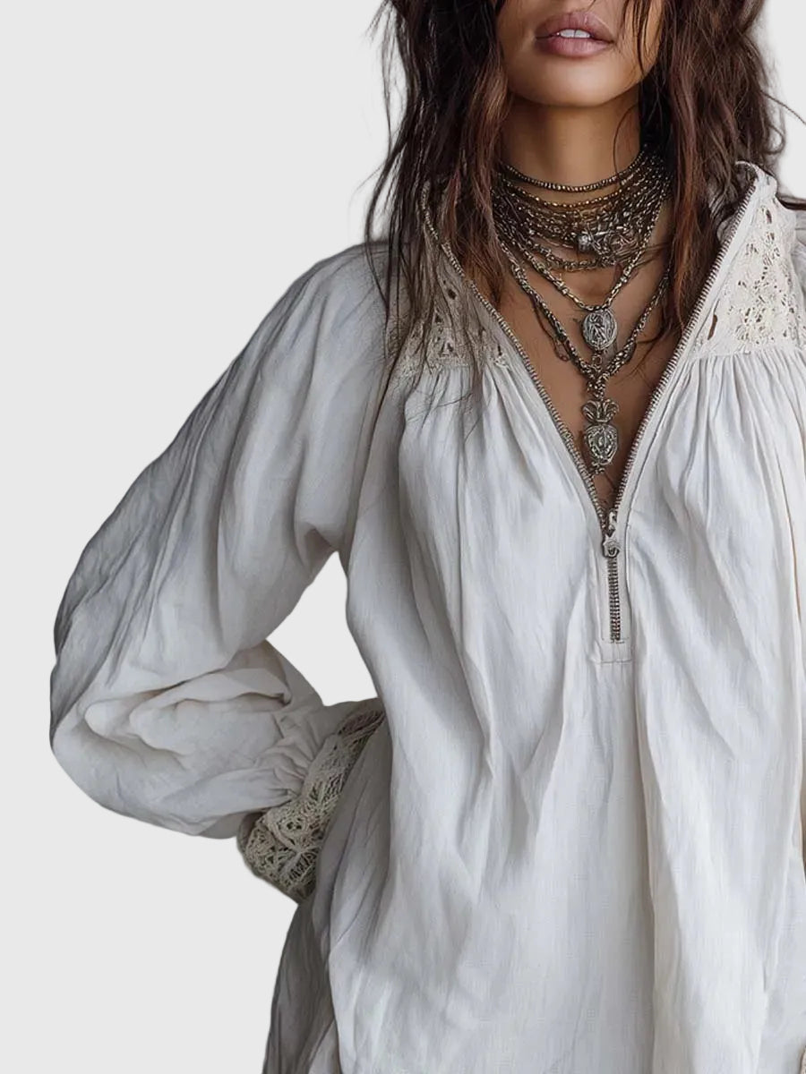 Carissa | Vintage-Stil Reißverschluss-Kragen Spitzenbesetztes Weißes Minikleid