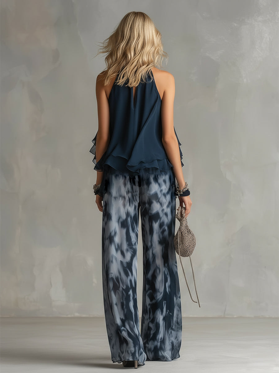 Novaria | Elegantes Chiffon-Set mit hochgeschlossenem Oberteil und weit geschnittenen bedruckten Hosen