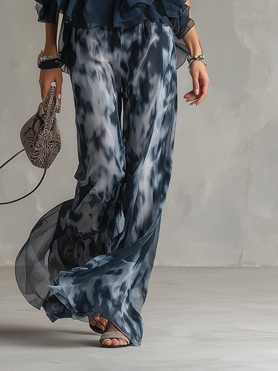 Novaria | Elegantes Chiffon-Set mit hochgeschlossenem Oberteil und weit geschnittenen bedruckten Hosen